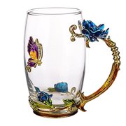tiang glass tea cup, 12oz lead free handmade enamel butterfly and blue rose flower tea mug with handle, unique personalized birthday gift ideas for women grandma mom teachers friend hot beverages