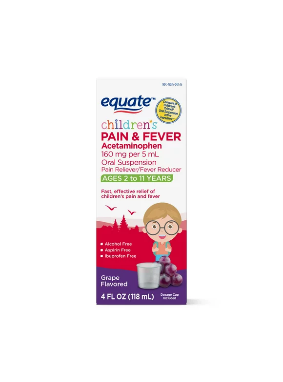 Equate Children's Grape Flavored Pain & Fever Liquid, Ages 2 to 11 Years, 4 fl oz