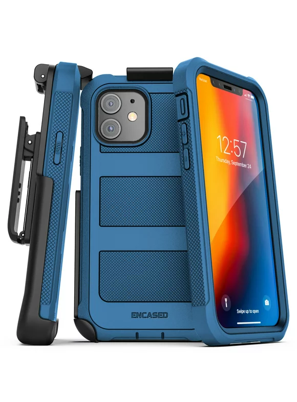 Encased Apple iPhone 12 Case with Screen Protector and Belt Clip (Falcon) Protective Full Body Cover with Build-in Screen Guard and Holster - Navy Blue