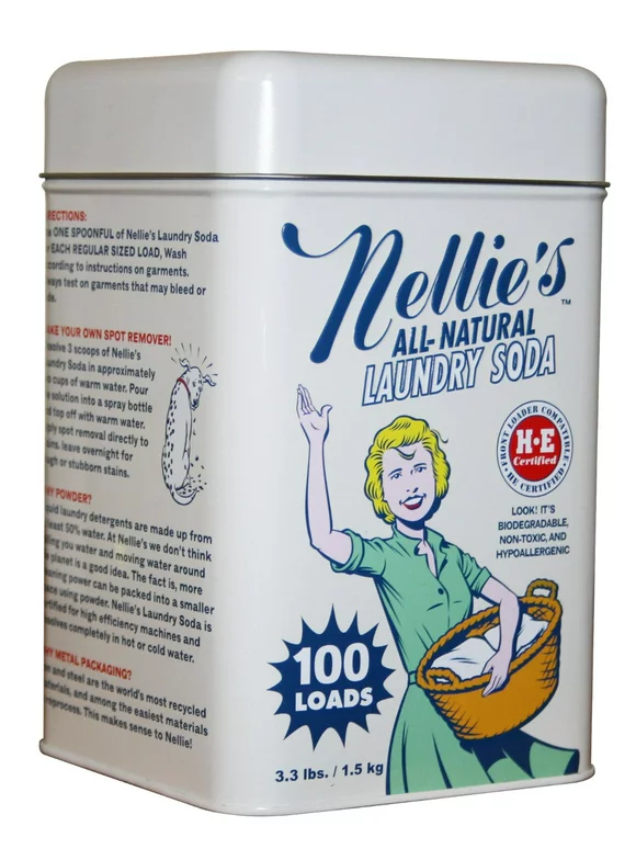 Nellie's NLS-100T All Natural Laundry soda, 100 Load Tin, NLS-100T, 3.3 Pound