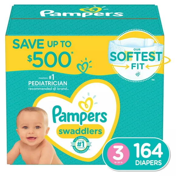 Pampers Swaddlers Diapers, Size 3 (16-28 Pounds), 164 Count