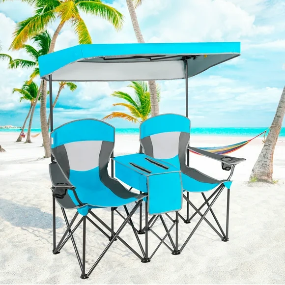 Gymax Folding 2-person Camping Chairs Double Sunshade Chairs w/ Canopy Blue