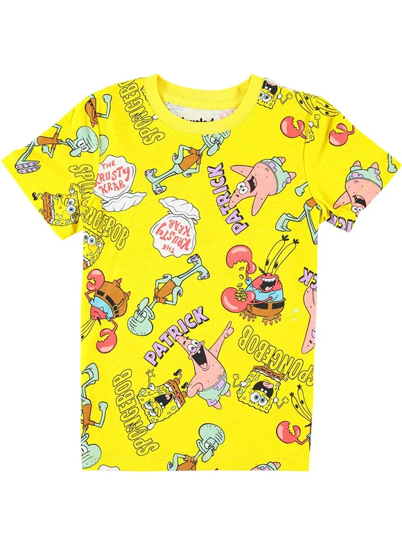 SpongeBob SquarePants Boys Short Sleeve T-Shirt - Spongebob, Patrick, Squidward, Mr Krabs - Nickelodeon - Boys Sizes 4-20 10-12, Yellow