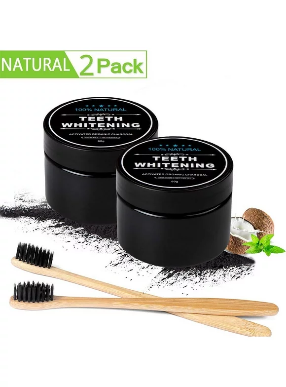 2 Packs Teeth Whitening Charcoal Powder, Activated Charcoal Natural Teeth Whitener, Strips, Kits, Gels with 2pcs Soft Toothbrushes for Teeth Whitening Toothpaste