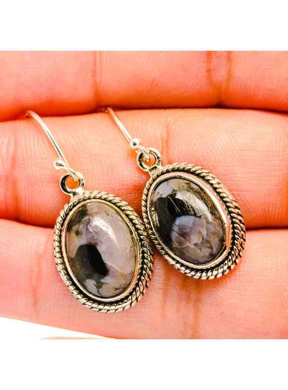 Gabbro Stone Earrings 1 1/2" (925 Sterling Silver)  - Handmade Boho Vintage Jewelry EARR420080