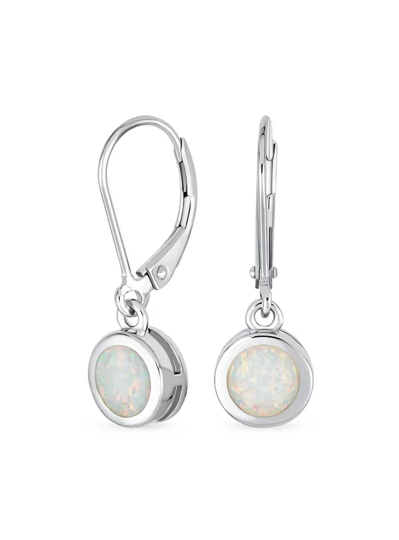Small White Opal Round Circle Dangle Lever back Earrings .925 Silver