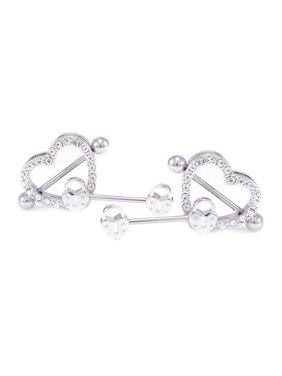 Heart Nipple Ring And Shields Set 14G Surgical Steel With Jewels