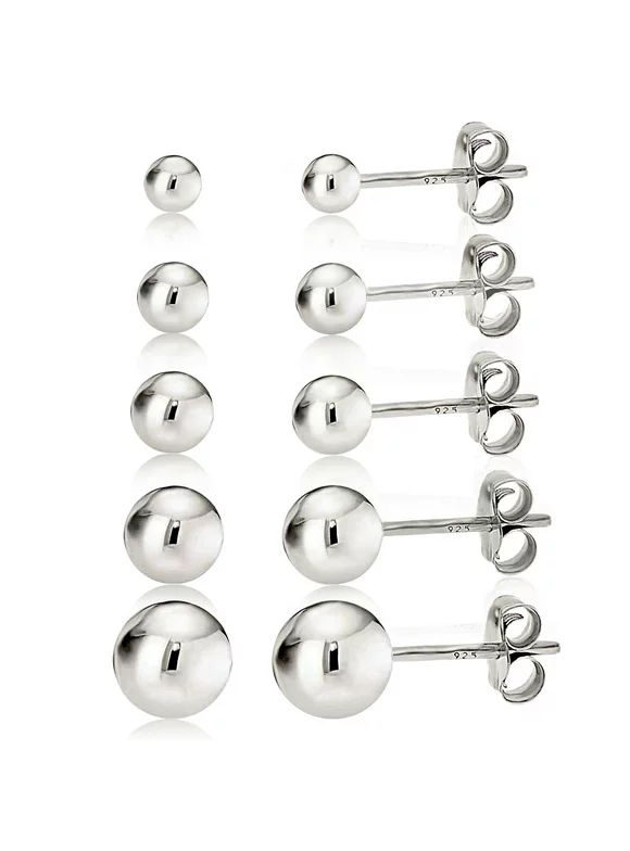 925 Sterling Silver High Polish Smooth Round Ball Stud Earring 5-Size Set - 2mm, 3mm, 4mm, 5mm, 6mm