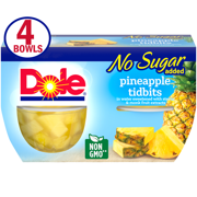 (4 Cups) Dole No Sugar Added Pineapple Tidbits in 100% Fruit Juice, 4oz Bowls