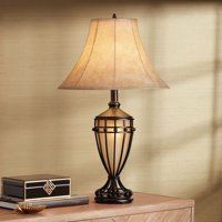 Franklin Iron Works Traditional Table Lamp with Nightlight Urn Dark Iron Bronze Beige Fabric Bell Shade for Living Room Bedroom