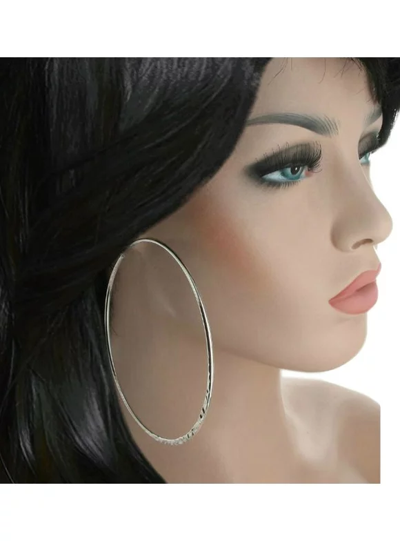 Silver Tone Mega Pierced Hammered Hoop Earrings Extra Large 3 5/8" Ladies Adult Female Women