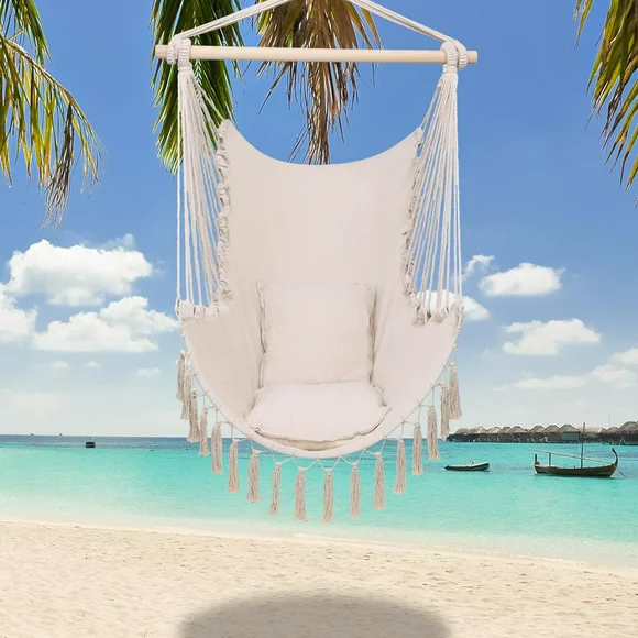 Ktaxon Hammock Chair Hanging Rope Swing Seat with 2 Cushions Perfect for Indoor Outdoor Beige