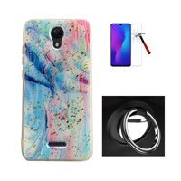For Cricket Icon 2 (2020 Version) U325AC, Hybrid Shockproof Slim Hard Cover Case + Tempered Glass Screen Protector/Ring (Rainbow Marble with Gold Speck)