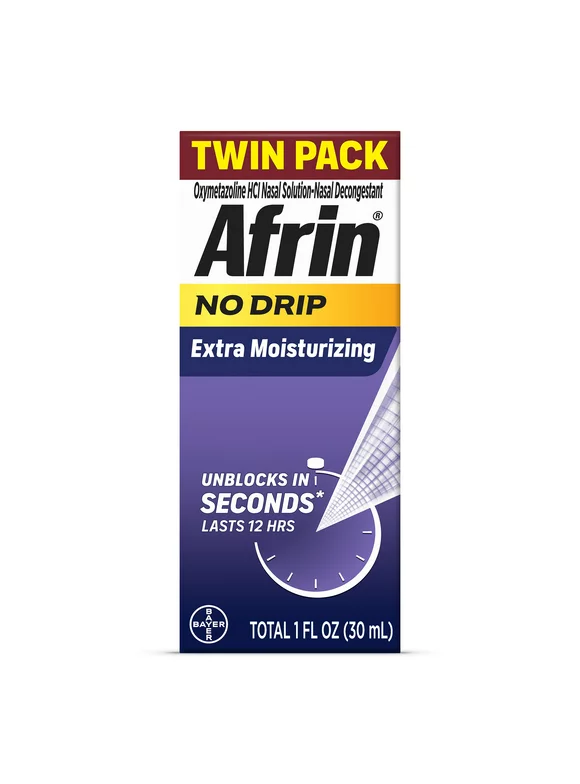 Afrin No Drip Extra Moisturizing 12 Hour Nasal Congestion Relief Spray, 2-15 mL Bottles