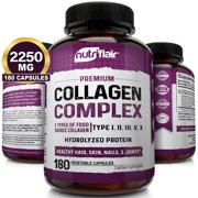 NutriFlair Multi Collagen Peptides Pills - 180 Capsules, 2250MG - Type I, II, III, V, X - Premium Collagen Complex - Hydrolyzed Protein Supplement for Anti-Aging, Healthy Joints, Hair, Skin, and Nails