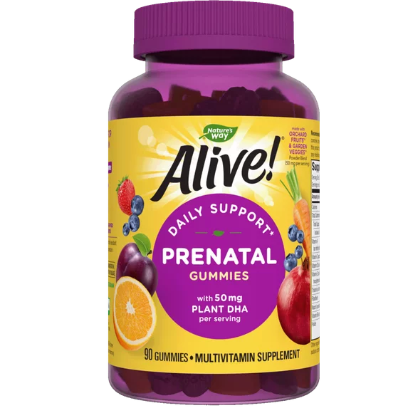 Alive! Prenatal Multivitamin Gummies for Women, 50mg Plant-Based DHA Per Serving, 90 Ct