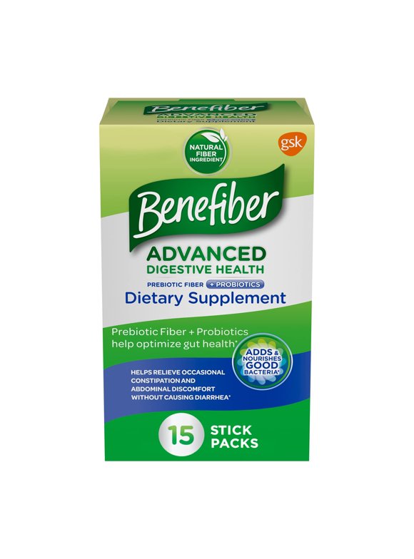 Benefiber Advanced Digestive Health Prebiotic Fiber Supplement Powder with Probiotics for Occasional Constipation and Abdominal Discomfort Relief, Low FODMAP - 15 Sticks (3.0 Ounces)