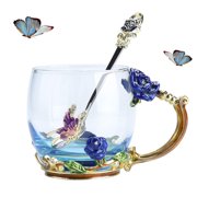 Peroptimist Enamel Flower Clear Glass Tea Cup with Handle Beautiful Handmade 3D Blue Buttfly and Rose, Coffee Mug with Spoon for Grandma Mom Boss Lady Girl Friend Gift