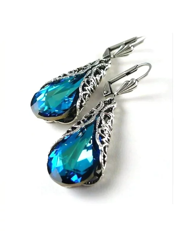Crafted Silver PlatedElegant Blue Crystal Drop Earring