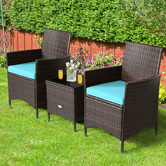 Gymax 3PCS Outdoor Rattan Conversation Set Patio Furniture Set w/ Blue Cushions