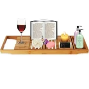 SereneLife SLBCAD20 - SereneLife Luxury Bamboo Bathtub Caddy Tray - Adjustable Natural Wood Bath Tub Organizer with Wine Holder, Cup Placement, Soap Dish, Book Space & Slot for Spa, Bathroom & Shower
