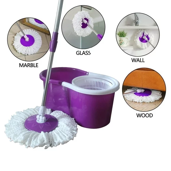 Ktaxon Microfiber Spin Mop with Bucket 2 Heads Rotating 360Â° Easy Cleaning Floor Mop Purple