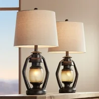 Franklin Iron Works Rustic Table Lamps Set of 2 with Nightlight Miner Lantern Brown Oatmeal Drum Shade Living Room Bedroom Bedside