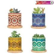 3 Inch Ceramic Small Plant Pots, Mandala Pattern Succulent Plant Pot Planter Flower Pot with Bamboo Tray, Perfect for Home Office Decor and Ideal Gift for Family Friends Colleague, Set of 4