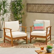 Outdoor Teak Finished Acacia Wood Club Chairs with Cushions, Cream