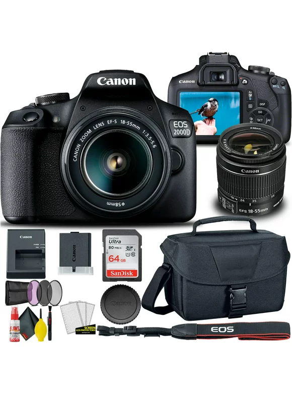 Canon EOS 2000D / Rebel T7 DSLR Camera with 18-55mm Lens  + Creative Filter Set, EOS Camera Bag +  Sandisk Ultra 64GB Card + 6AVE Electronics Cleaning Set, And More