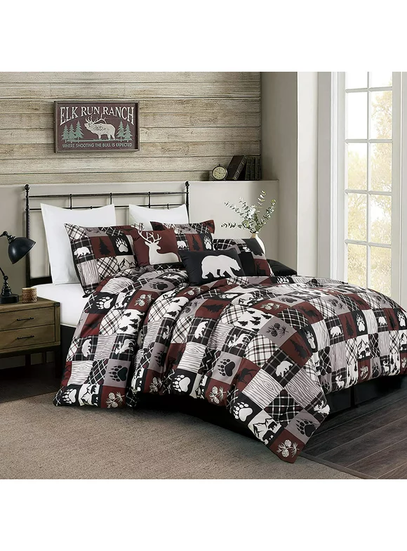Chezmoi Collection Vista 7-Piece Southwestern Cabin Lodge Comforter Set, Red White Black Gray Grizzly Bear Moose Printed Microfiber Bedding, Queen