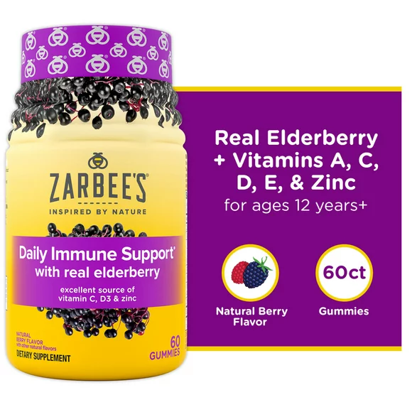 Zarbee's Daily Immune Support Gummies - Elderberry, Vitamins, Zinc, 60ct