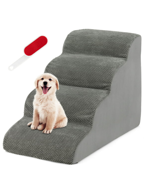 Gymax 4-Tier Foam Dog Ramp Non-Slip Dog Steps Soft Pet Stairs Ladder w/ brush for High Sofa Bed