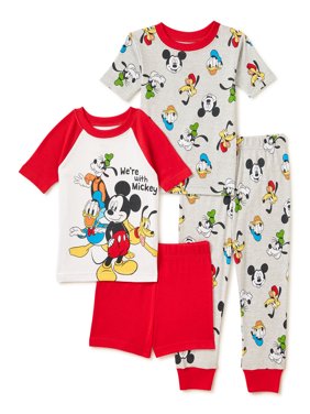 Disney Mickey Mouse Toddler Boys Snug Fit Cotton Short Sleeve T-Shirt & Pants, 4-Piece Pajama Set, Sizes 2T-5T