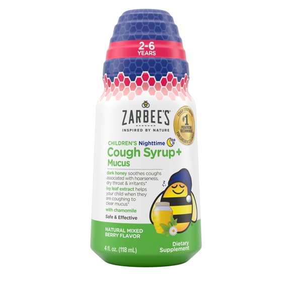 Zarbees Kids Cough + Mucus Nighttime with Honey, Ivy Leaf, Zinc & Elderberry, Mixed Berry, 4FL Oz