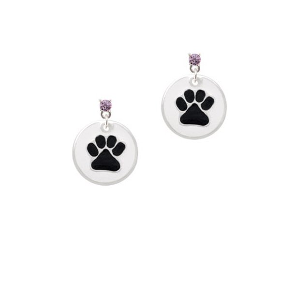 3/4'' Black Paw in White Circle - Lavender Crystal Post Earrings