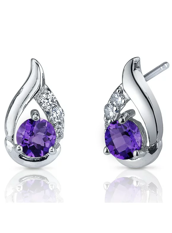 1.00 Ct Round Cut Amethyst CZ Accent Sterling Silver Stud Earrings Rhodium Finish