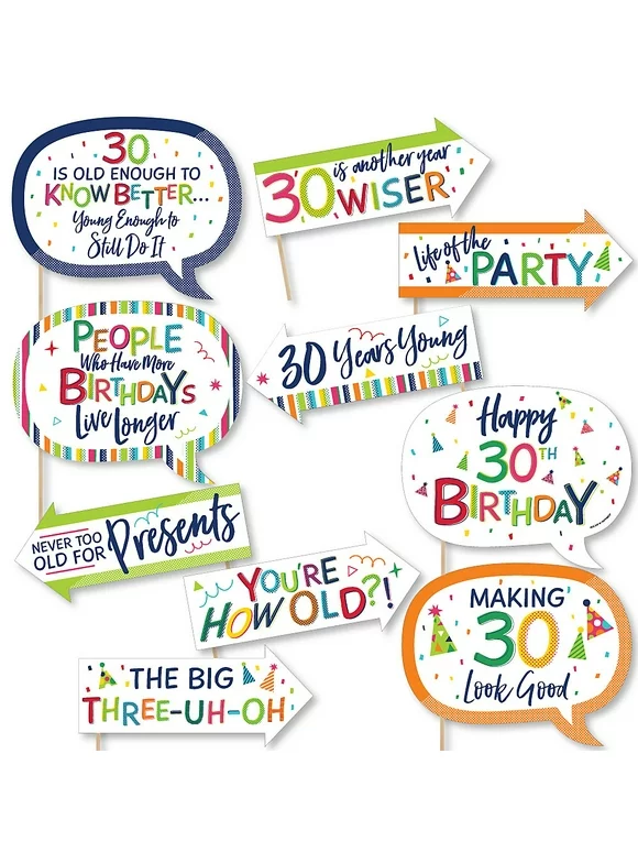 Big Dot of Happiness Funny 30th Birthday - Cheerful Happy Birthday - Colorful Thirtieth Birthday Party Photo Booth Props Kit - 10 Piece