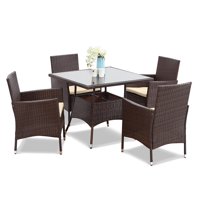 5 Piece Outdoor Patio Dining Set, Wicker Glassed Table and Cushioned Chair, Umbrella Cut Out,Brown