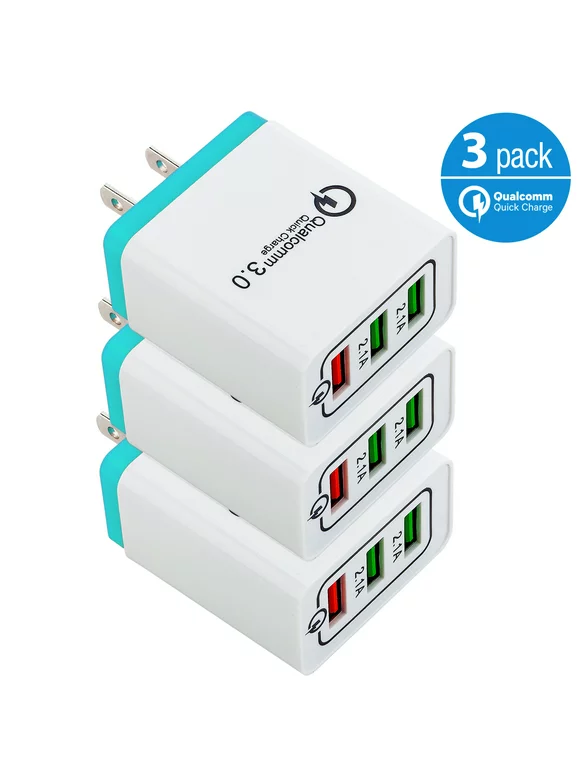 3-Pack USB Wall Charger 30W 3-Ports with Quick Charge 3.0 Wall Charger Adapter, Fast Charging for Samsung Galaxy S23/S22/S21/S20/S10/S9/S8 Ultra, iPhone 14/13/12/11 Pro Mini, X/Xs, White/Green
