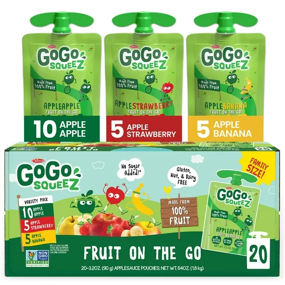 GoGo SqueeZ Fruit on the Go Apple Apple, Apple Banana, and Apple Strawberry Snack Pouches, 3.2 oz, 20 Pack