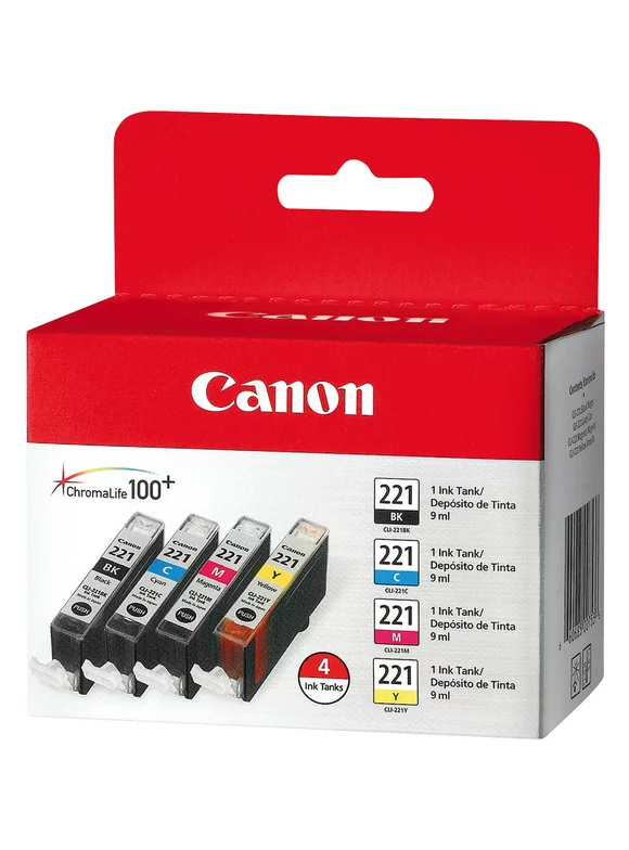 Canon 2946B004 (CLI-221) Ink, Black/Cyan/Magenta/Yellow, 4/PK