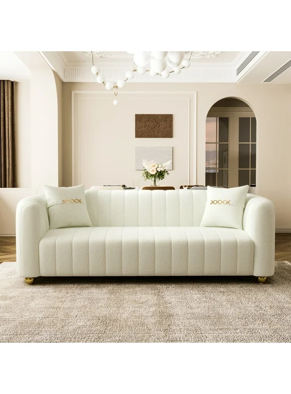 ReyTinn Lambswoo Sofa for Living Room, 84" Mid-Century Modern Beige Couch, Luxury Loveseat Sofa Couch, Sectional Love Seat Sofa Couch with Gold Legs, Upholstered Sofa for Apartment Bedroom Home Office