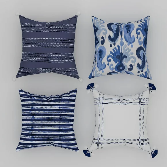Coordinating Decorative Throw Pillow Covers, Square, 18" x 18", Blue, Set of 4, Ikat Print and Geometric Patterns with Tassels for Living Room, Bed, and Sofa