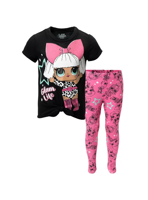 L.O.L. Surprise! Diva Neon Q.T. Surfer Babe Little Girls T-Shirt and Leggings Outfit Set Black / Pink 7-8