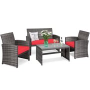 Costway 4PCS Patio Rattan Furniture Set Conversation Glass Table Top Cushioned TurquoiseRed