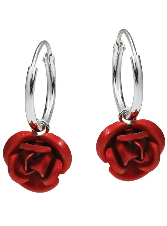 Mini Red Blooming Rose Sterling Silver Hoop Earrings