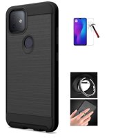 Phone Case for T-Mobile REVVL 4 Plus, Slim Metallic Brushed Shock Resistant Protective Cover + Ring / Kickstand/ Tempered Glass (Black)