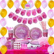 Kidohub Princess Birthday Party Supplies: Decorations Favors Tableware Pink Gold Bundle Pack 186 Pcs Serves 16