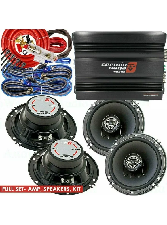 Cerwin Vega CVP1600.4D 1600W Amp + 2 Pair XED62 6.5" 600W Speakers + 4-CH Amp Kit